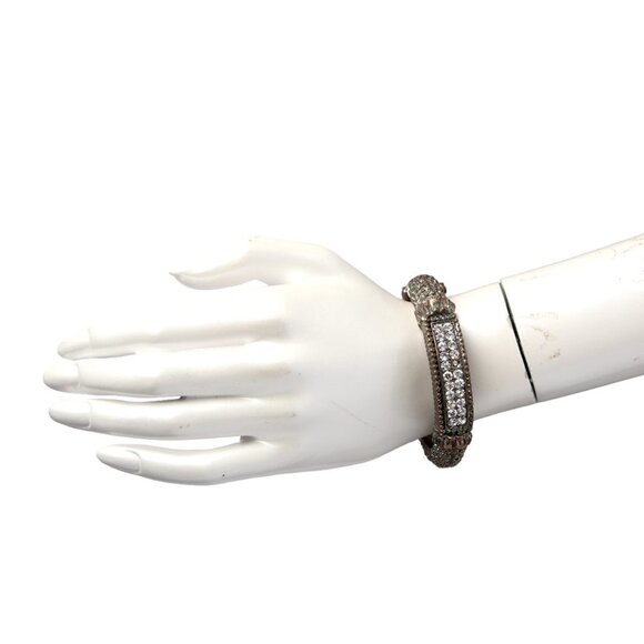 Vintage Copper Metal Indian Bracelet Rhinestone Ornate Heavy Patina Hinge Bangle - Picture 2 of 7